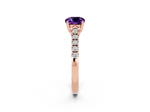 Rose gold {shape_name} Amethyst Solitaire Ring with Pavé Band and Four-Prong Setting_2