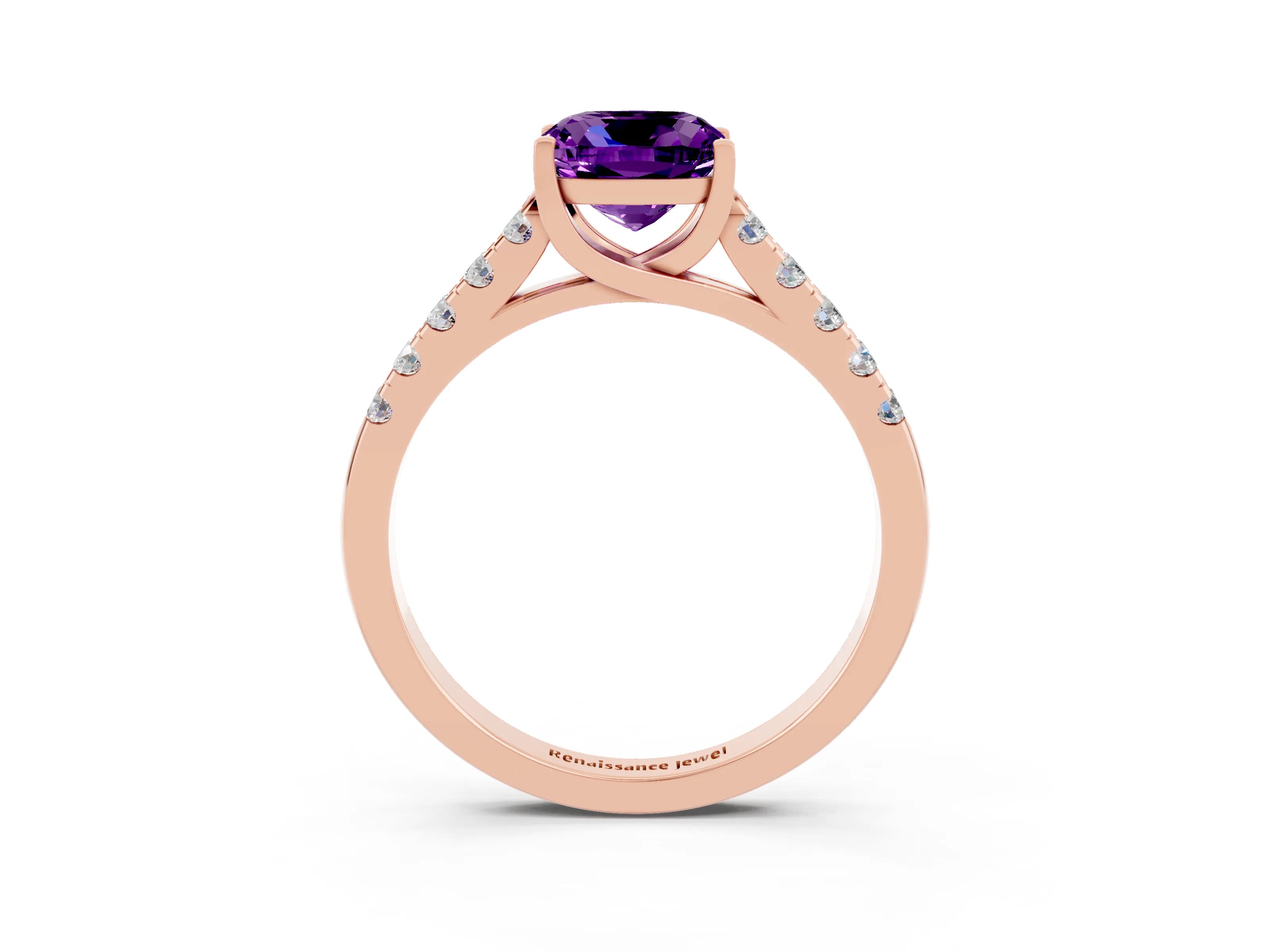 Rose gold {shape_name} Amethyst Solitaire Ring with Pavé Band and Four-Prong Setting_3