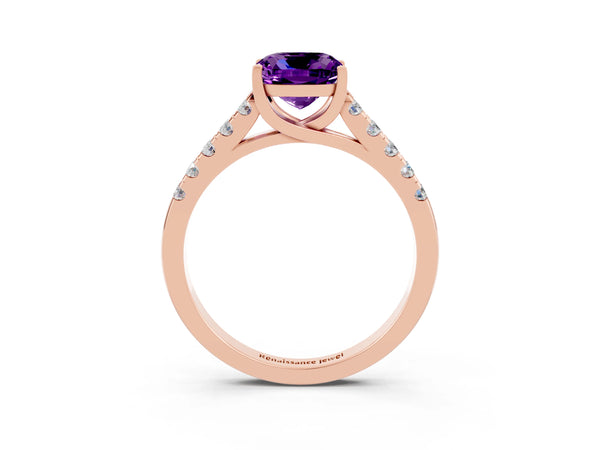 Rose gold Cushion Cut Amethyst Pavé Band Solitaire Ring with Prong Setting