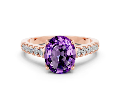 Rose gold {shape_name} Amethyst Solitaire Ring with Pavé Band and Four-Prong Setting