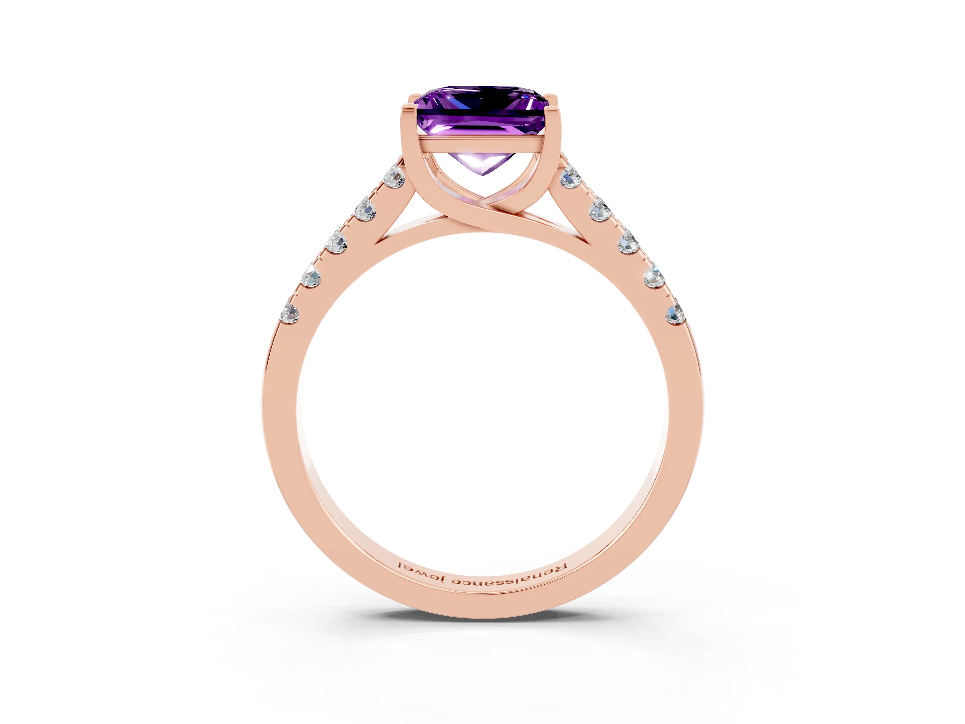 Rose gold {shape_name} Amethyst Solitaire Ring with Pavé Band and Four-Prong Setting_3
