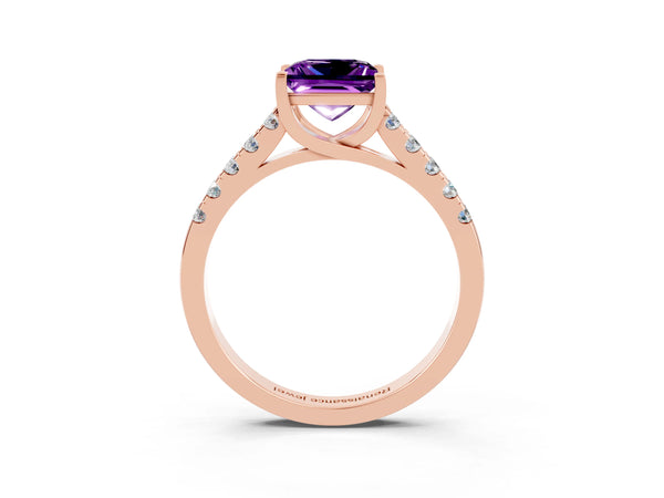 Rose gold Princess Cut Amethyst Pavé Band Solitaire Ring with Prong Setting