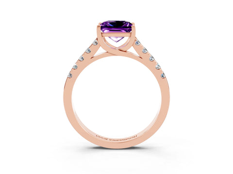 Rose gold {shape_name} Amethyst Solitaire Ring with Pavé Band and Four-Prong Setting_3