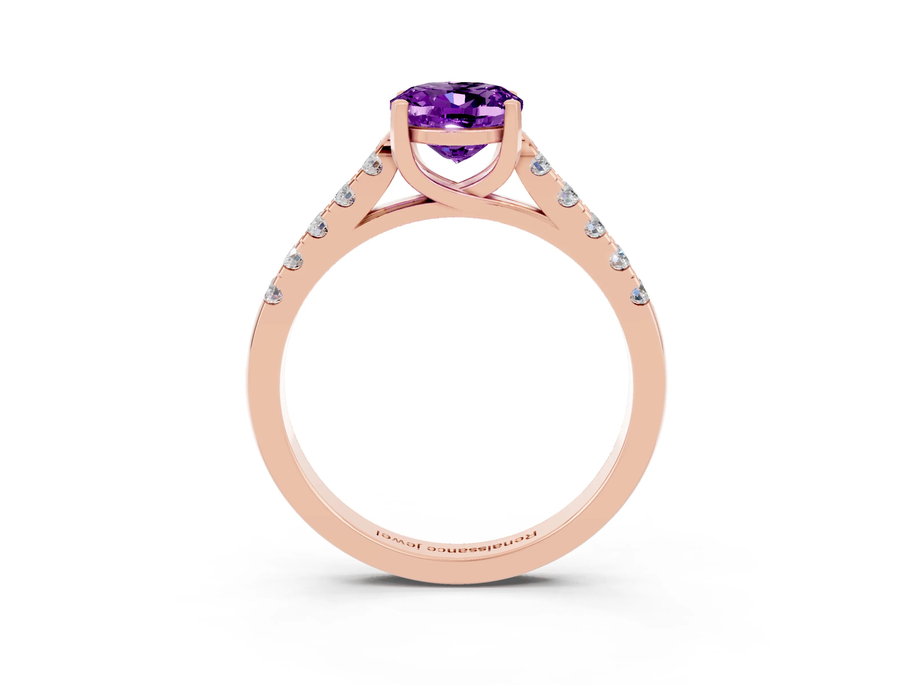 Rose gold {shape_name} Amethyst Solitaire Ring with Pavé Band and Four-Prong Setting_3