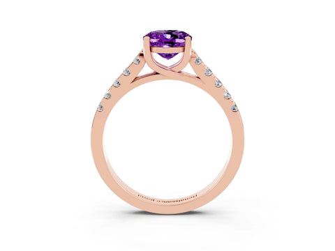 Rose gold {shape_name} Amethyst Solitaire Ring with Pavé Band and Four-Prong Setting_3