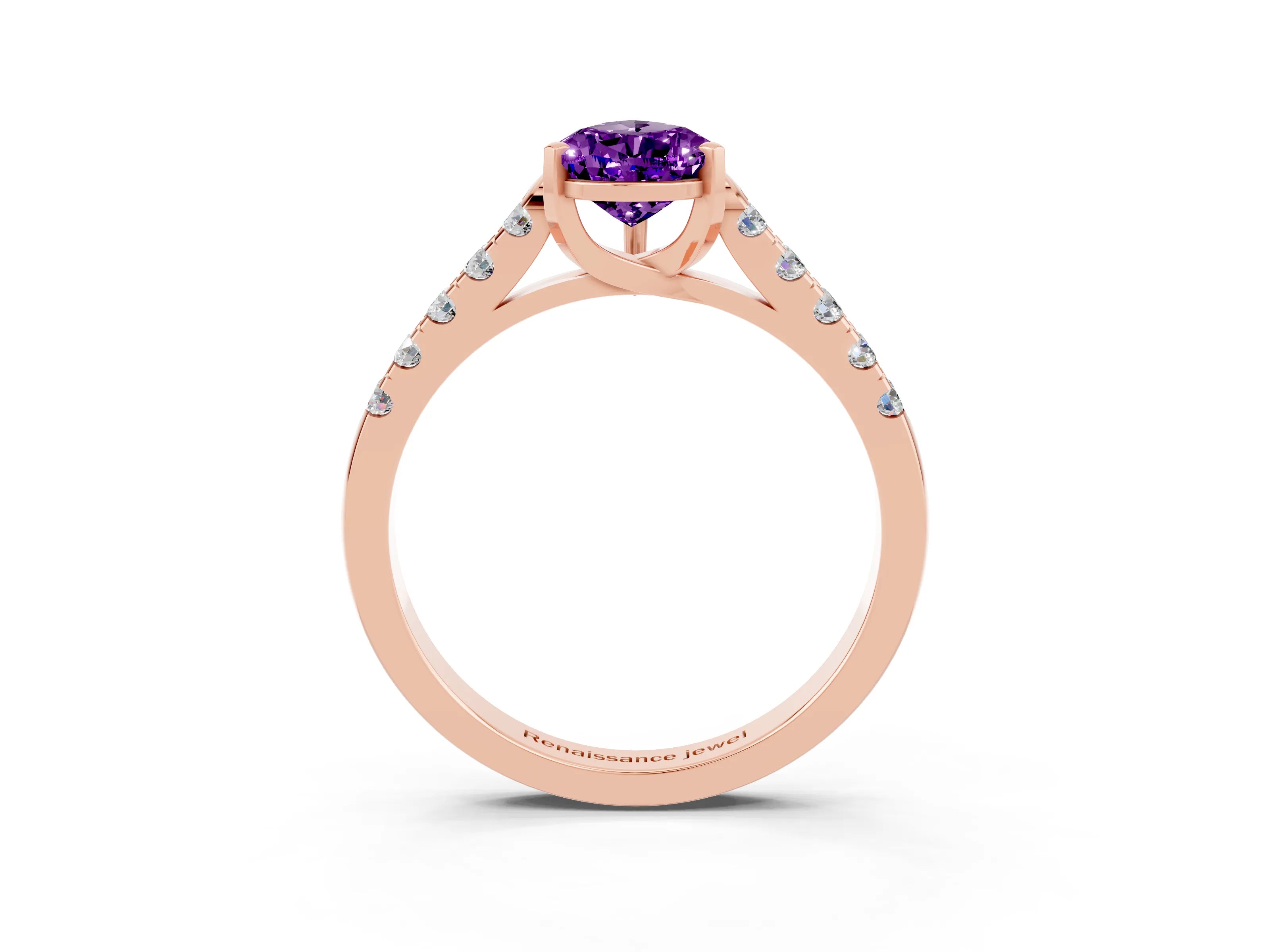Rose gold {shape_name} Amethyst Solitaire Ring with Pavé Band and Four-Prong Setting_3