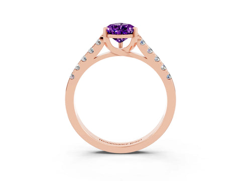 Rose gold {shape_name} Amethyst Solitaire Ring with Pavé Band and Four-Prong Setting_3