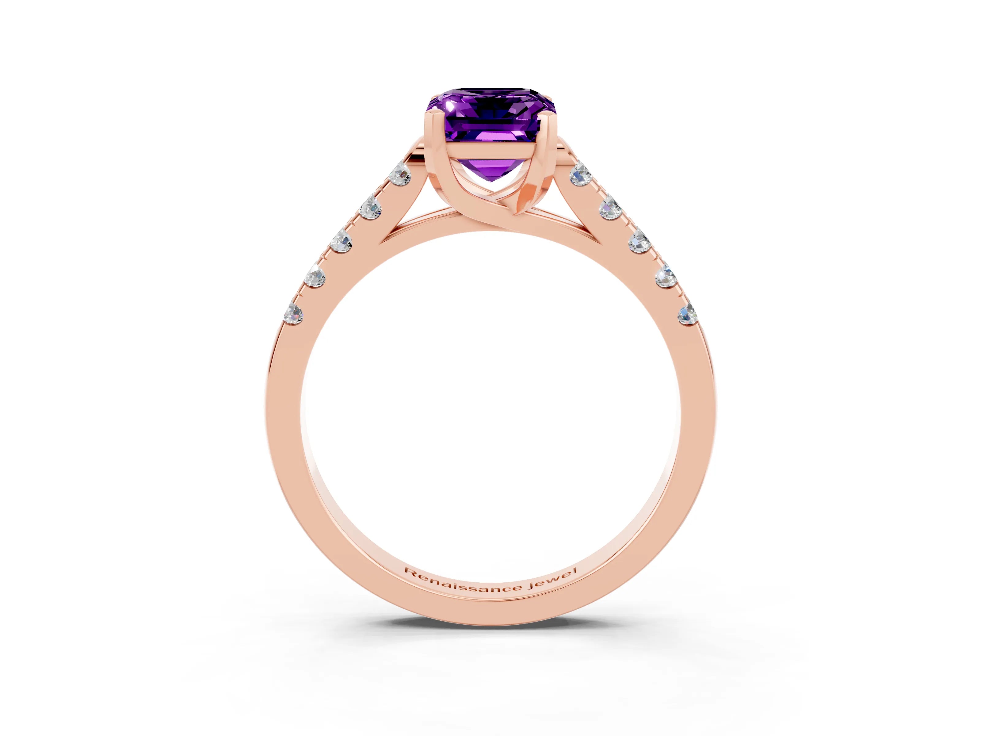 Rose gold {shape_name} Amethyst Solitaire Ring with Pavé Band and Four-Prong Setting_3