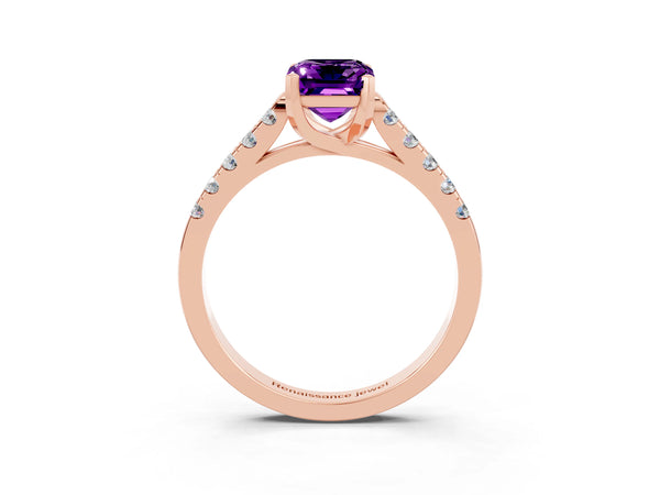 Rose gold Emerald Cut Amethyst Pavé Band Solitaire Ring with Prong Setting