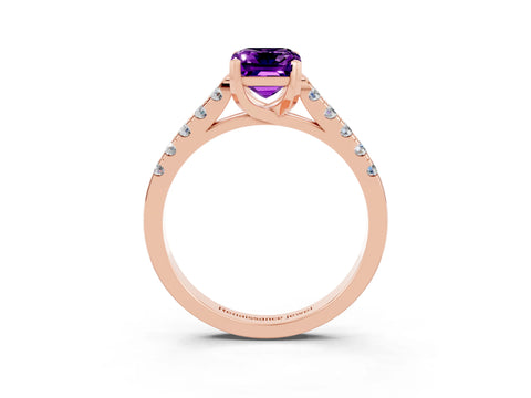 Rose gold {shape_name} Amethyst Solitaire Ring with Pavé Band and Four-Prong Setting_3