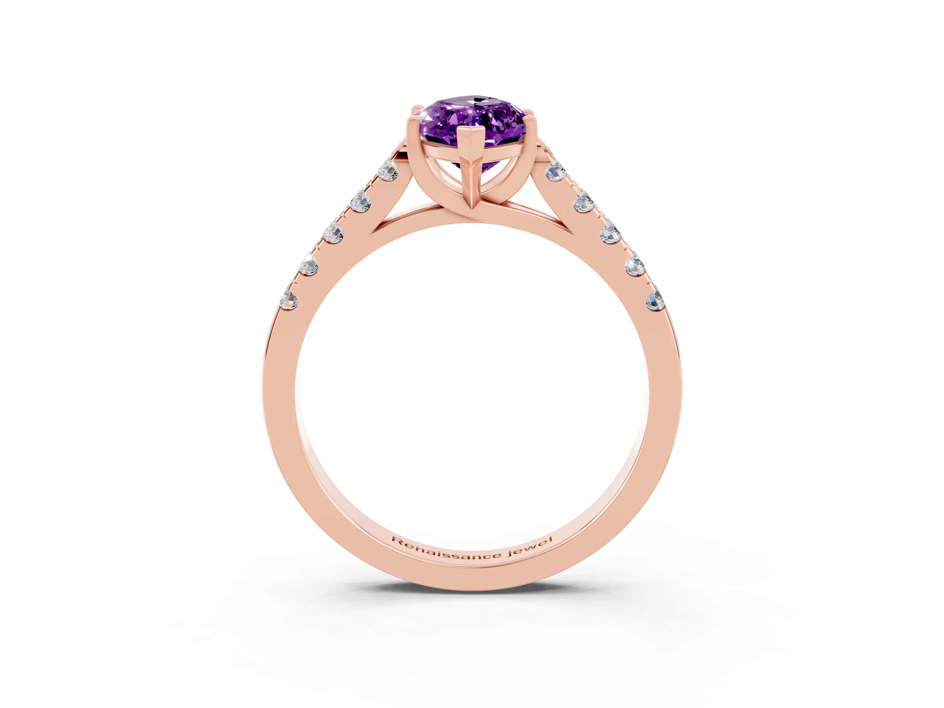 Rose gold {shape_name} Amethyst Solitaire Ring with Pavé Band and Four-Prong Setting_3