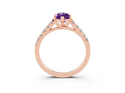 Rose gold {shape_name} Amethyst Solitaire Ring with Pavé Band and Four-Prong Setting_3