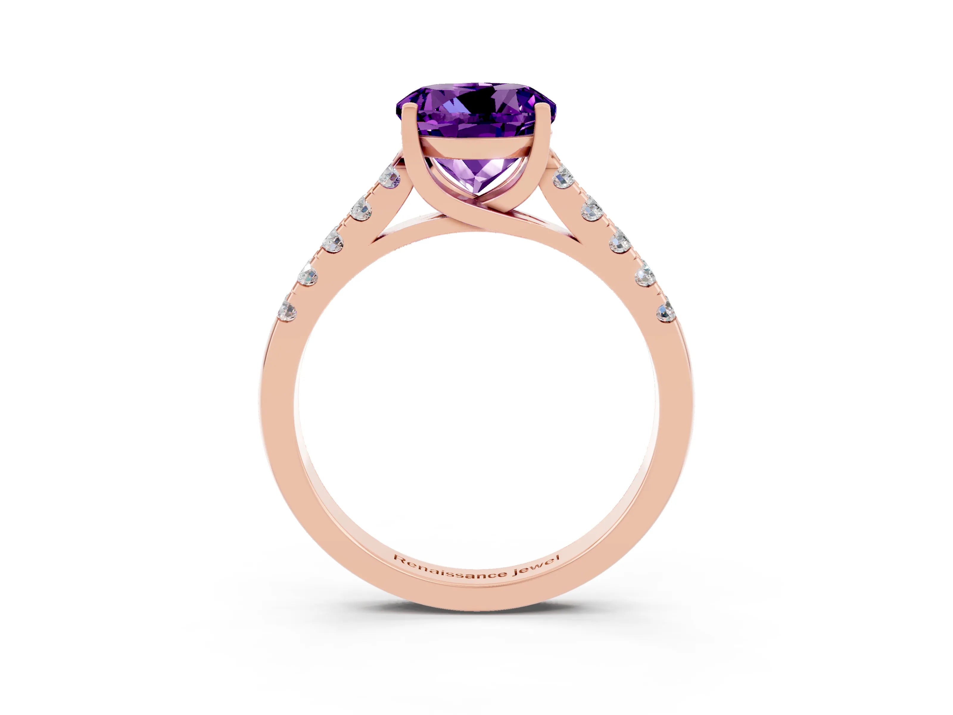 Rose gold {shape_name} Amethyst Solitaire Ring with Pavé Band and Four-Prong Setting_3