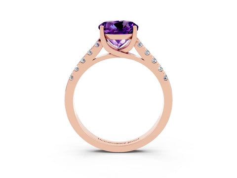 Rose gold {shape_name} Amethyst Solitaire Ring with Pavé Band and Four-Prong Setting_3