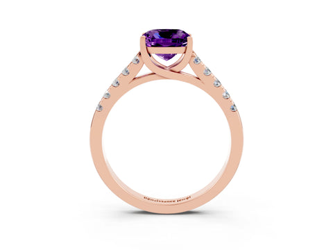 Rose gold {shape_name} Amethyst Solitaire Ring with Pavé Band and Four-Prong Setting_3