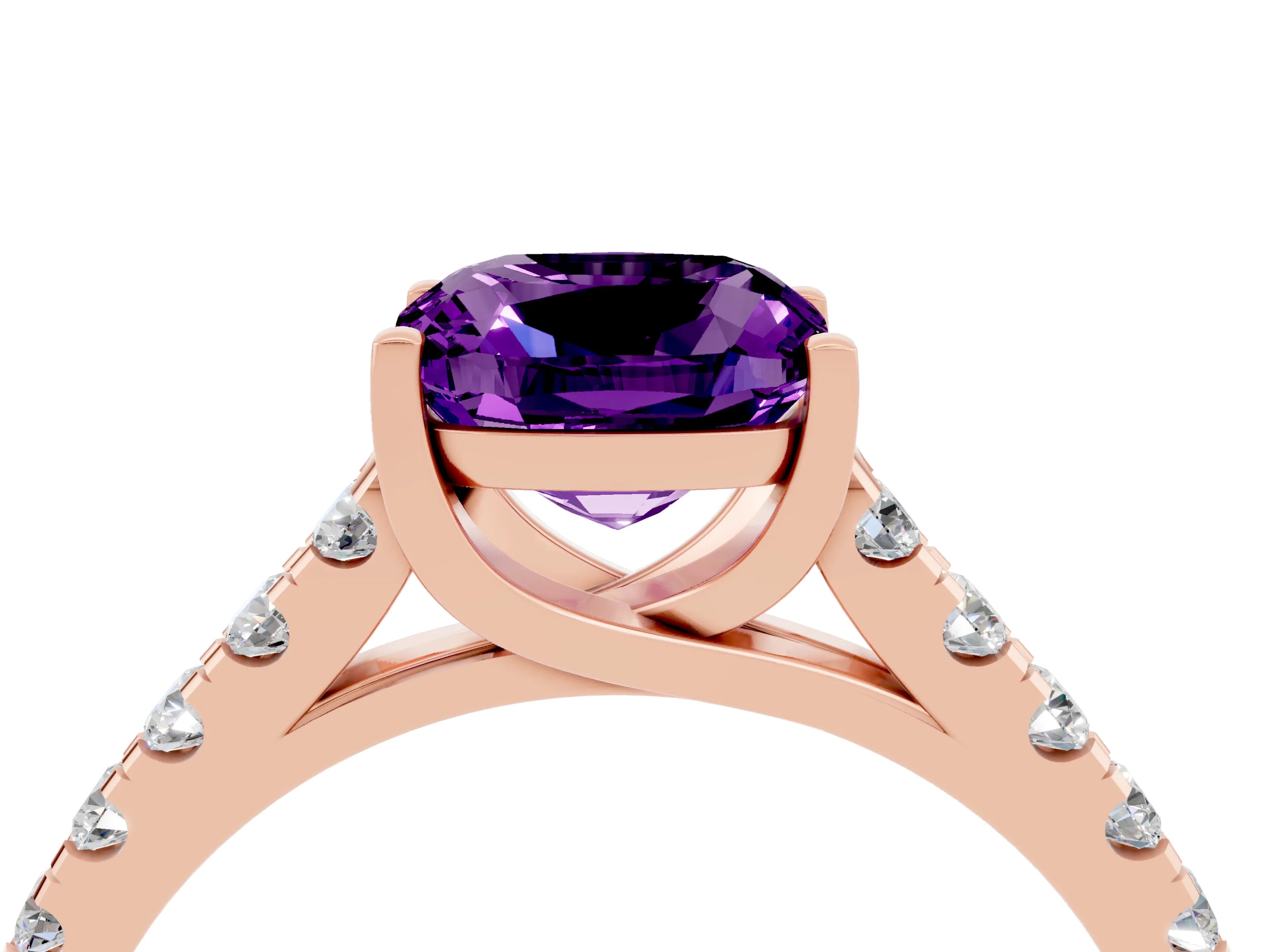 Rose gold {shape_name} Amethyst Solitaire Ring with Pavé Band and Four-Prong Setting_4