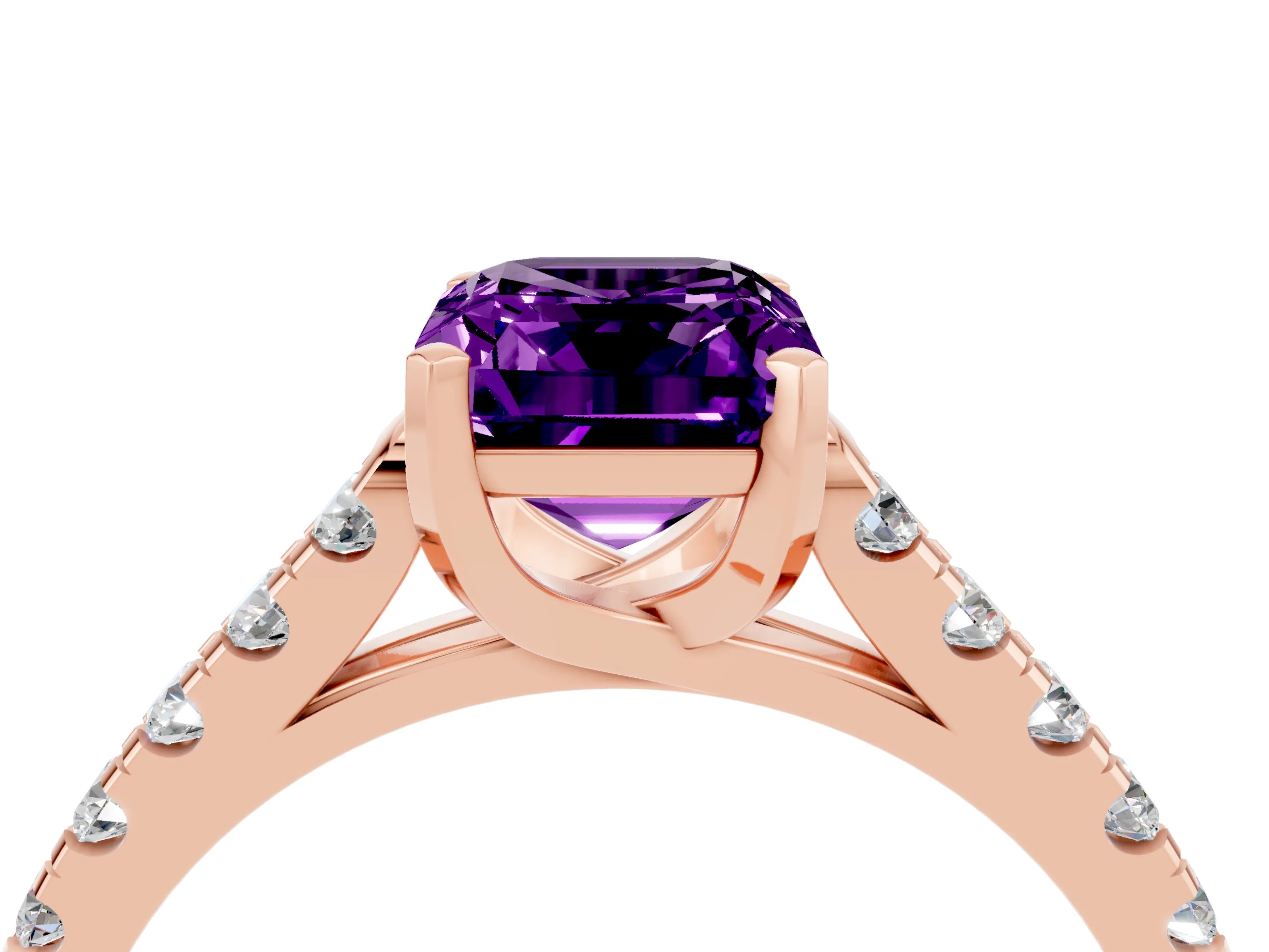 Rose gold {shape_name} Amethyst Solitaire Ring with Pavé Band and Four-Prong Setting_4