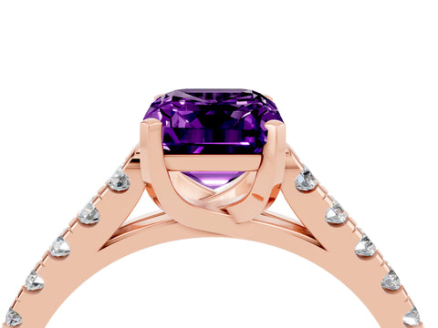 Rose gold {shape_name} Amethyst Solitaire Ring with Pavé Band and Four-Prong Setting_4