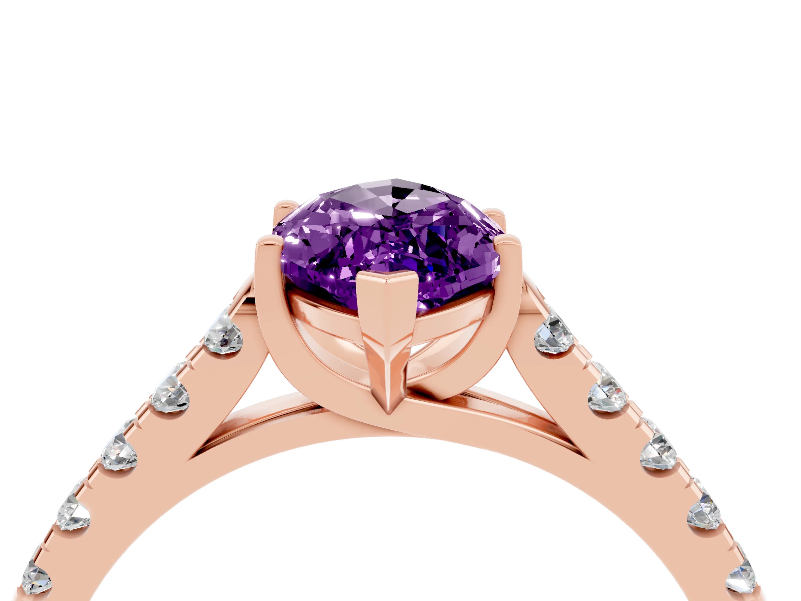 Rose gold {shape_name} Amethyst Solitaire Ring with Pavé Band and Four-Prong Setting_4