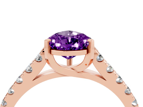 Rose gold {shape_name} Amethyst Solitaire Ring with Pavé Band and Four-Prong Setting_4