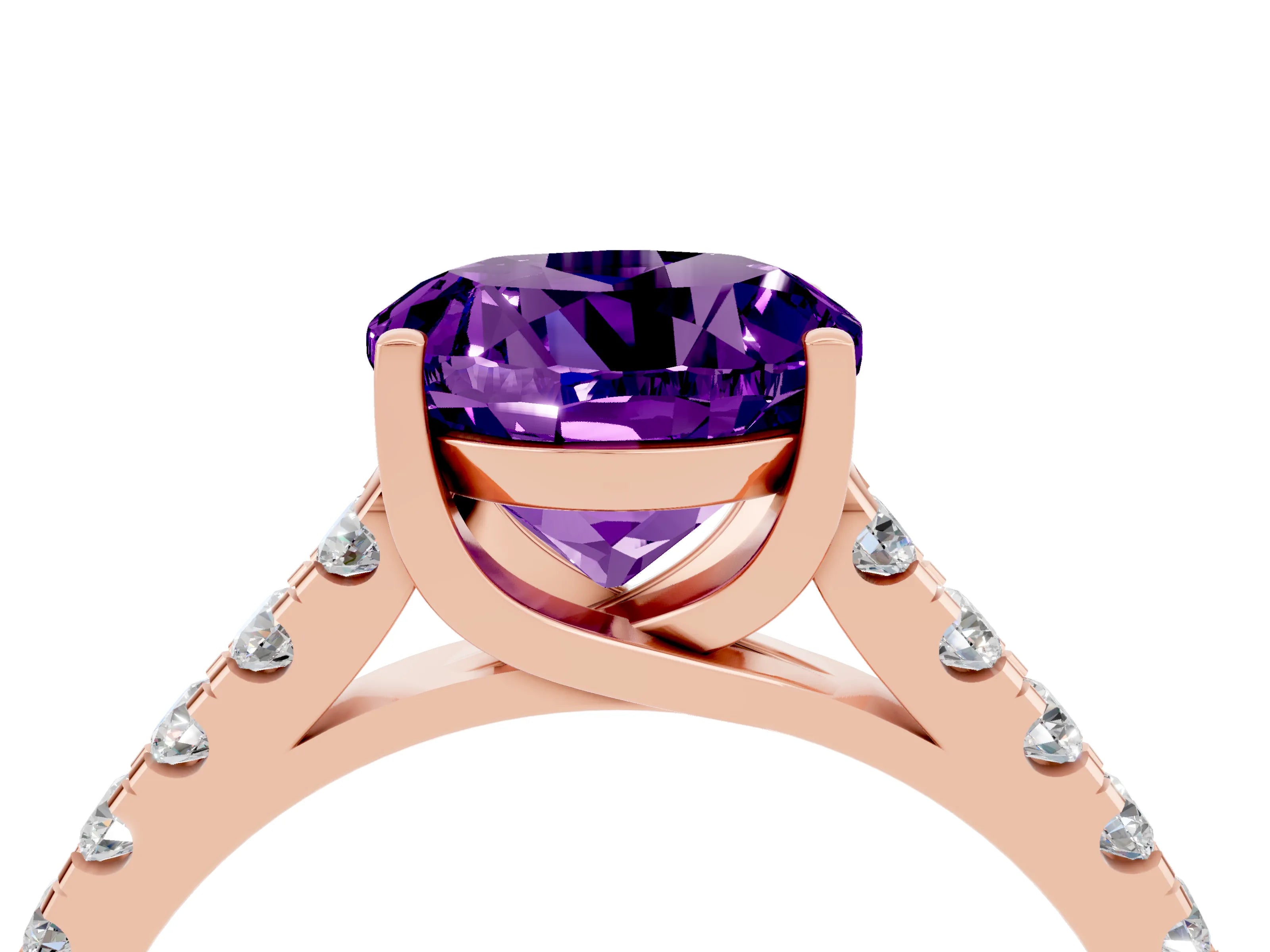 Rose gold {shape_name} Amethyst Solitaire Ring with Pavé Band and Four-Prong Setting_4