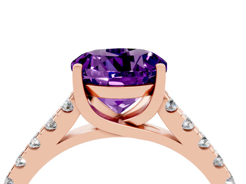 Rose gold {shape_name} Amethyst Solitaire Ring with Pavé Band and Four-Prong Setting_4