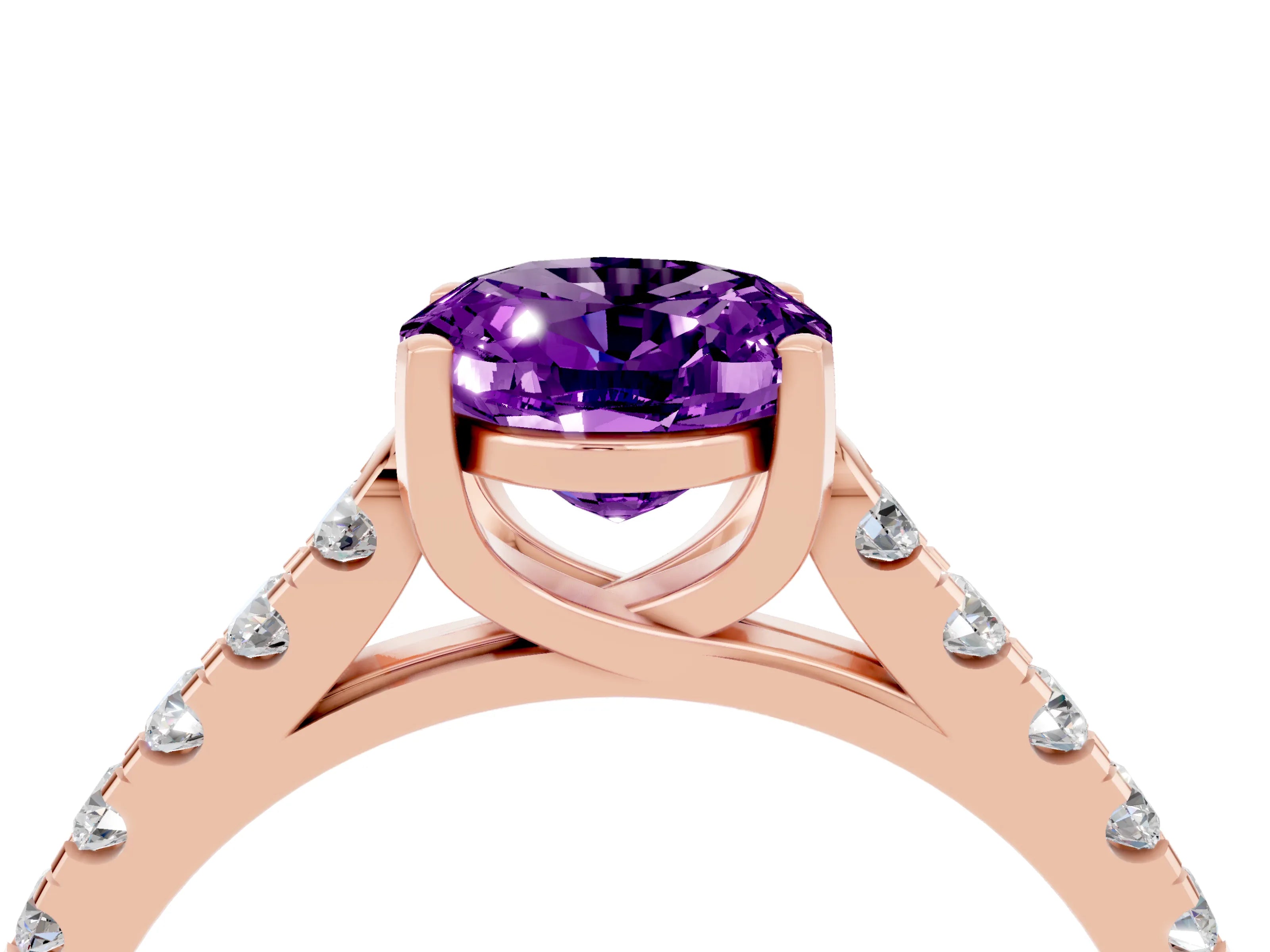 Rose gold {shape_name} Amethyst Solitaire Ring with Pavé Band and Four-Prong Setting_4