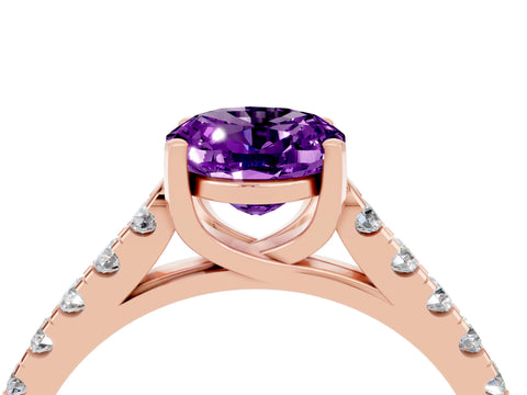 Rose gold {shape_name} Amethyst Solitaire Ring with Pavé Band and Four-Prong Setting_4
