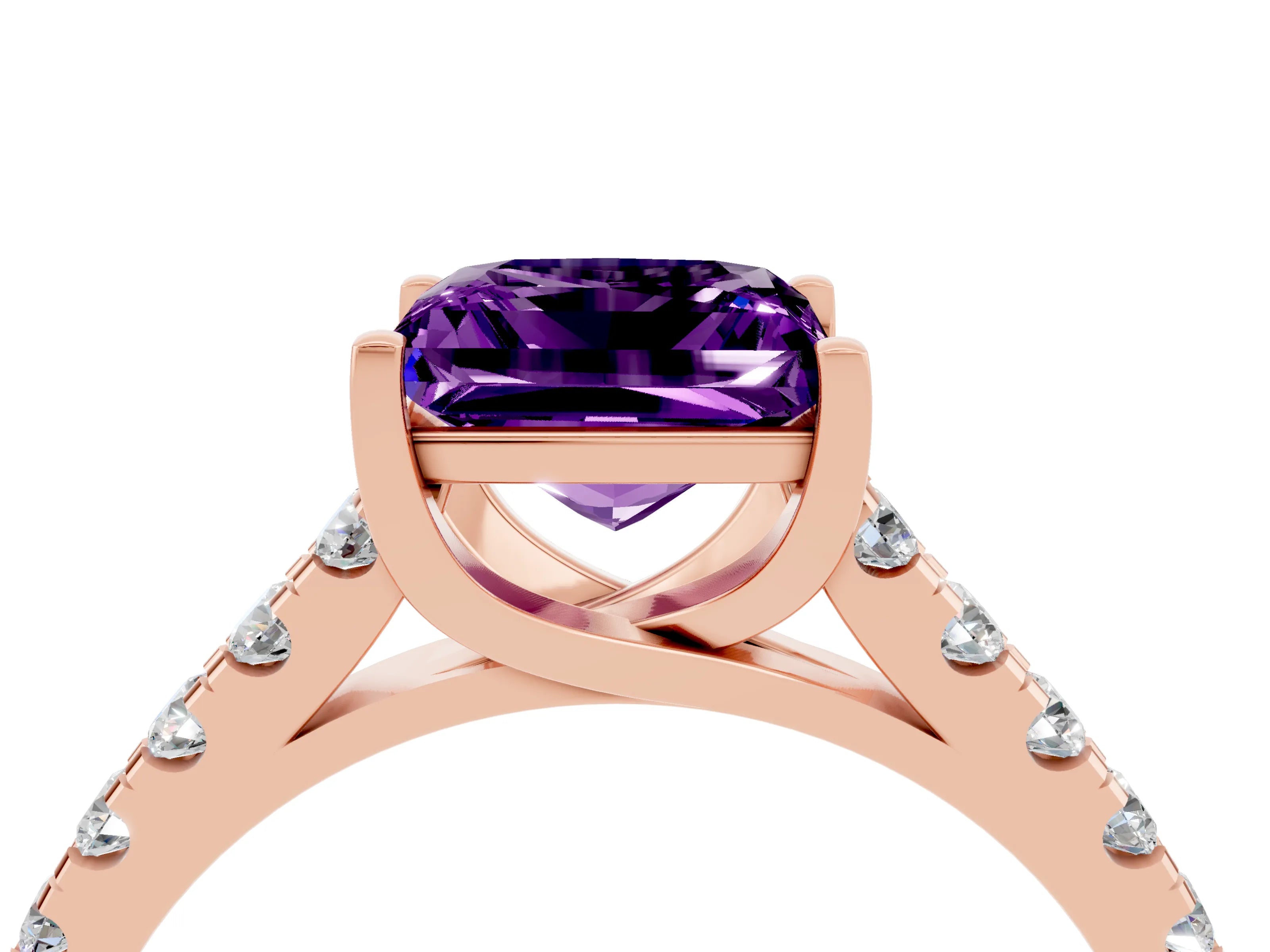 Rose gold {shape_name} Amethyst Solitaire Ring with Pavé Band and Four-Prong Setting_4