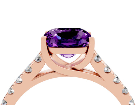 Rose gold {shape_name} Amethyst Solitaire Ring with Pavé Band and Four-Prong Setting_4