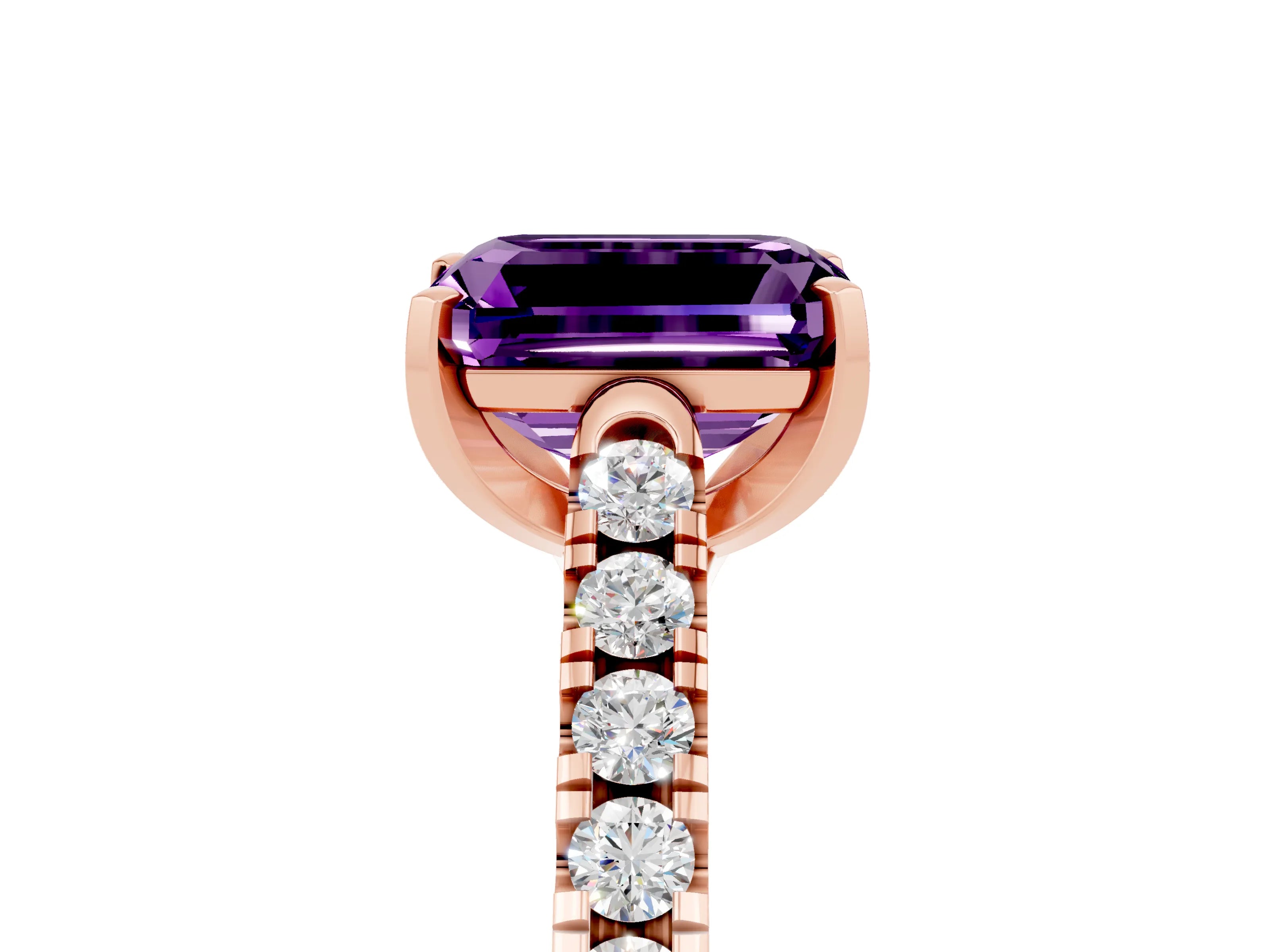 Rose gold {shape_name} Amethyst Solitaire Ring with Pavé Band and Four-Prong Setting_5