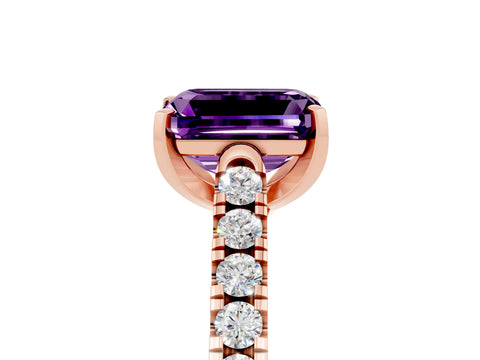 Rose gold {shape_name} Amethyst Solitaire Ring with Pavé Band and Four-Prong Setting_5