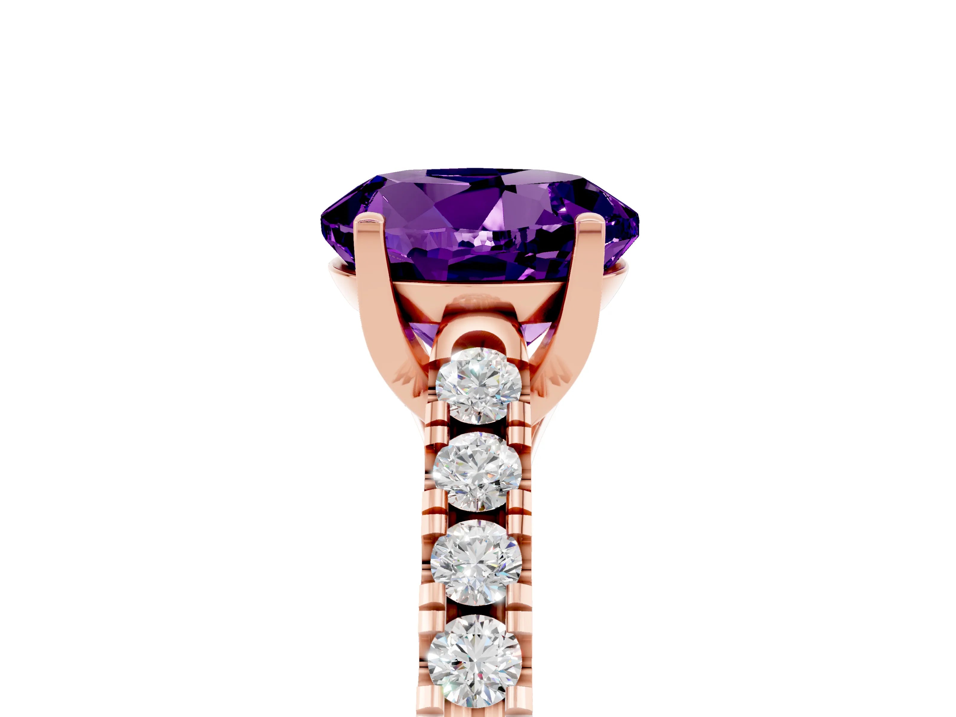 Rose gold {shape_name} Amethyst Solitaire Ring with Pavé Band and Four-Prong Setting_5