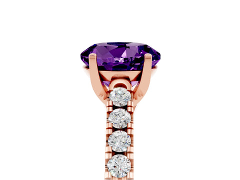 Rose gold {shape_name} Amethyst Solitaire Ring with Pavé Band and Four-Prong Setting_5