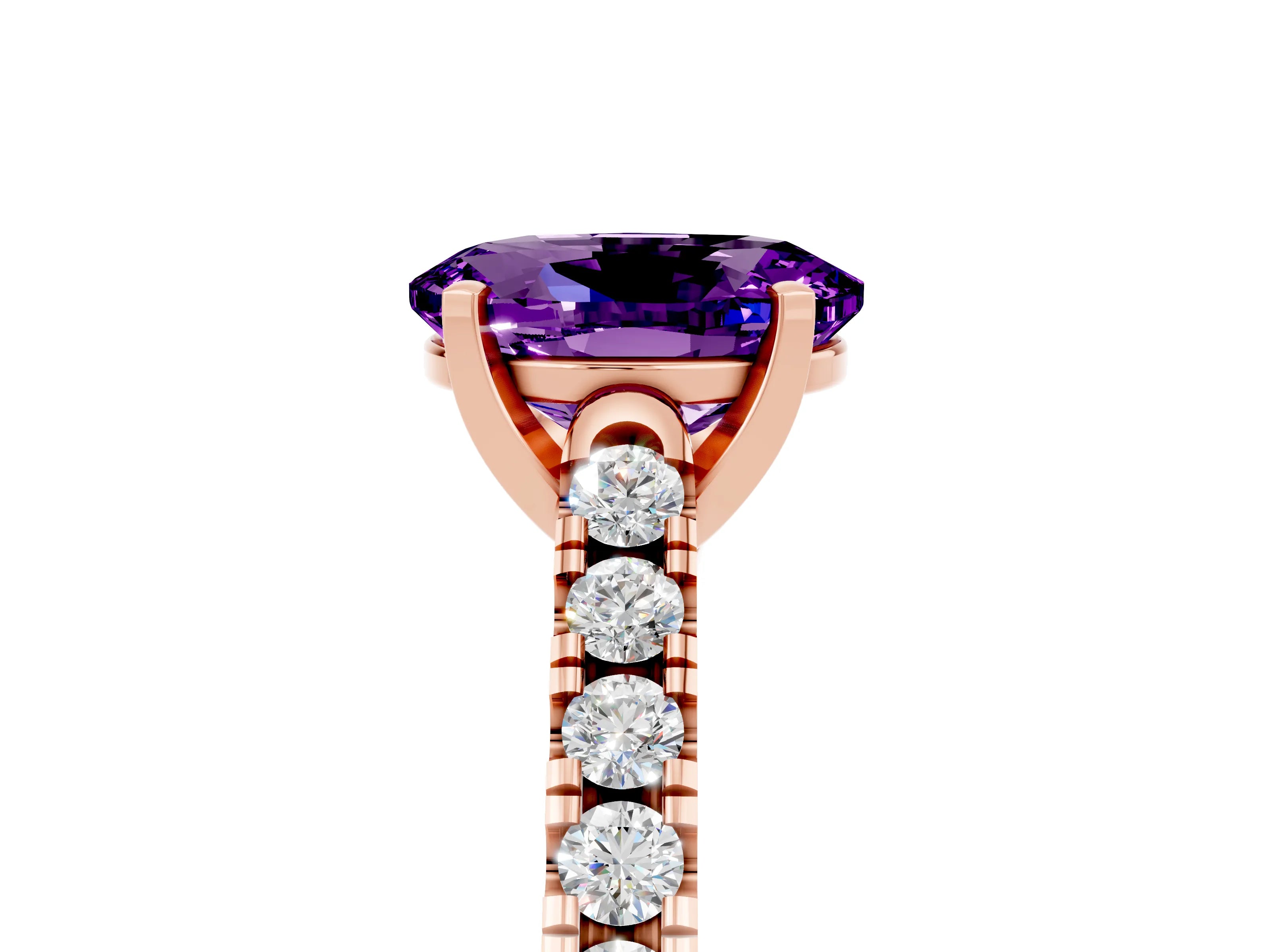Rose gold {shape_name} Amethyst Solitaire Ring with Pavé Band and Four-Prong Setting_5