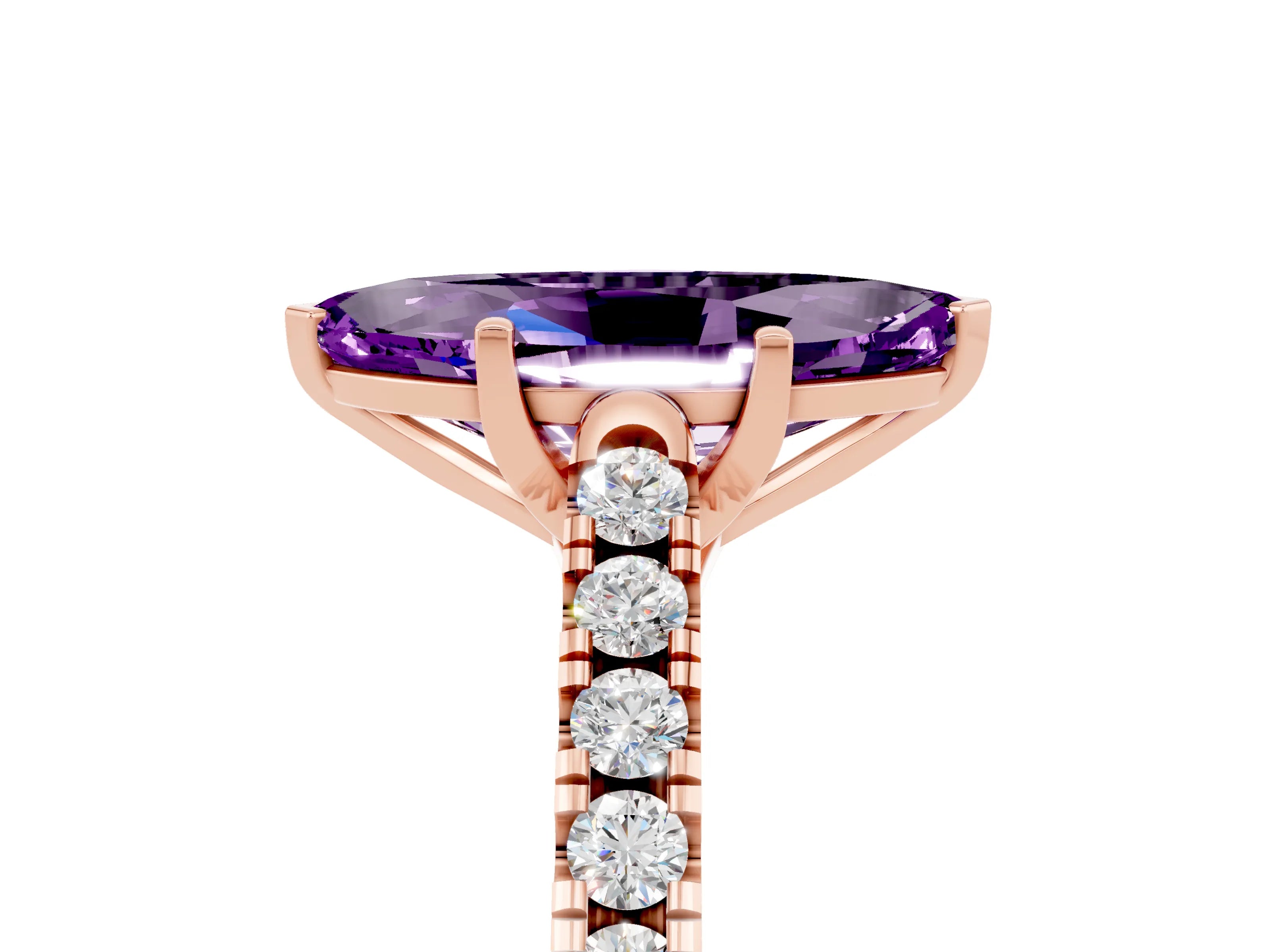Rose gold {shape_name} Amethyst Solitaire Ring with Pavé Band and Four-Prong Setting_5