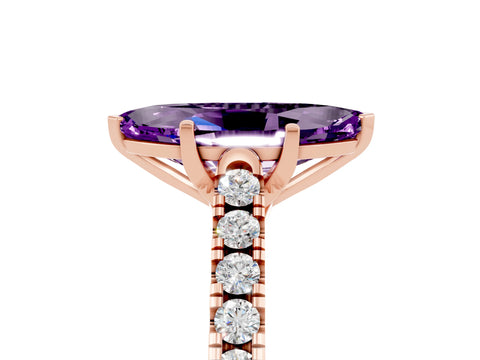Rose gold {shape_name} Amethyst Solitaire Ring with Pavé Band and Four-Prong Setting_5
