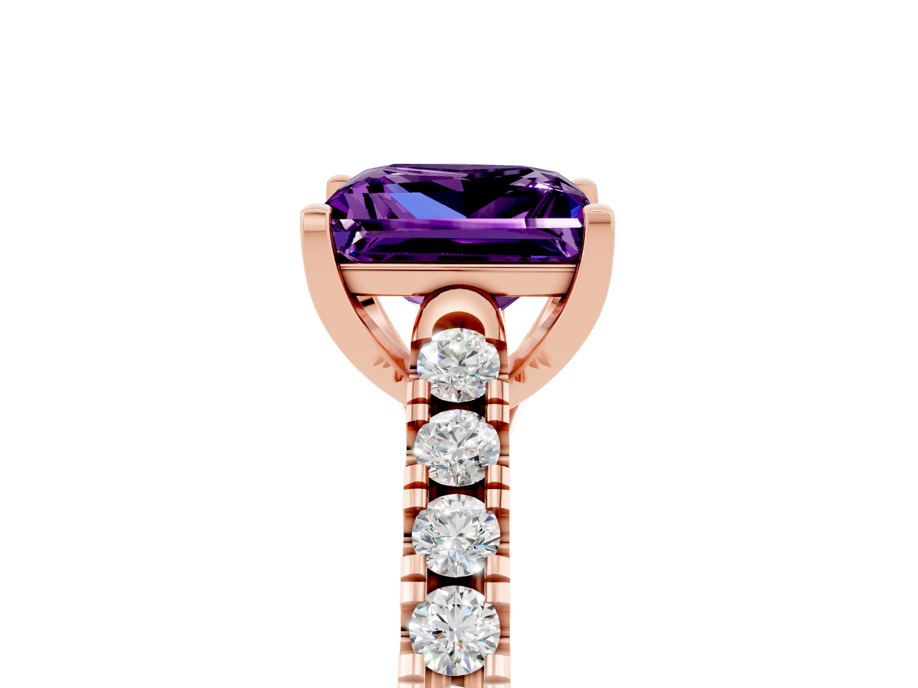 Rose gold {shape_name} Amethyst Solitaire Ring with Pavé Band and Four-Prong Setting_5