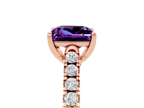 Rose gold {shape_name} Amethyst Solitaire Ring with Pavé Band and Four-Prong Setting_5