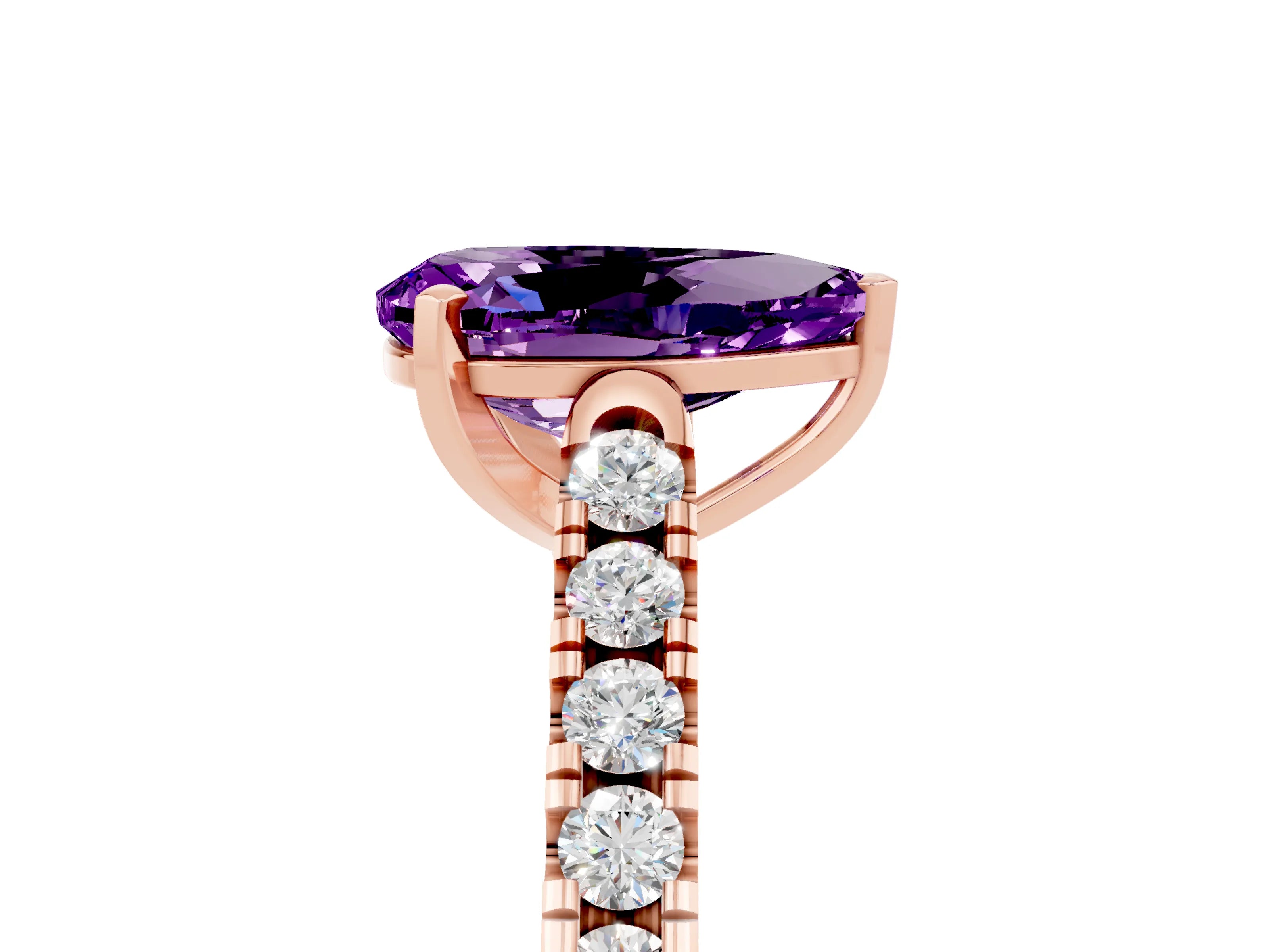 Rose gold {shape_name} Amethyst Solitaire Ring with Pavé Band and Four-Prong Setting_5