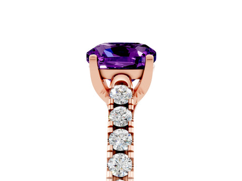 Rose gold {shape_name} Amethyst Solitaire Ring with Pavé Band and Four-Prong Setting_5