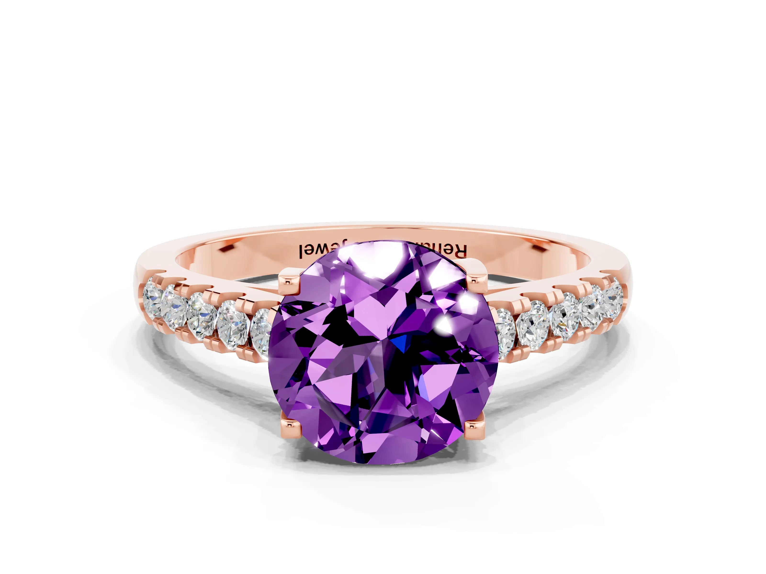 Rose gold {shape_name} Amethyst Solitaire Ring with Pavé Band and Four-Prong Setting