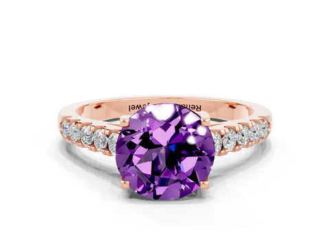 Rose gold {shape_name} Amethyst Solitaire Ring with Pavé Band and Four-Prong Setting