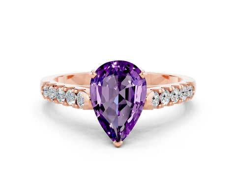 Rose gold {shape_name} Amethyst Solitaire Ring with Pavé Band and Four-Prong Setting