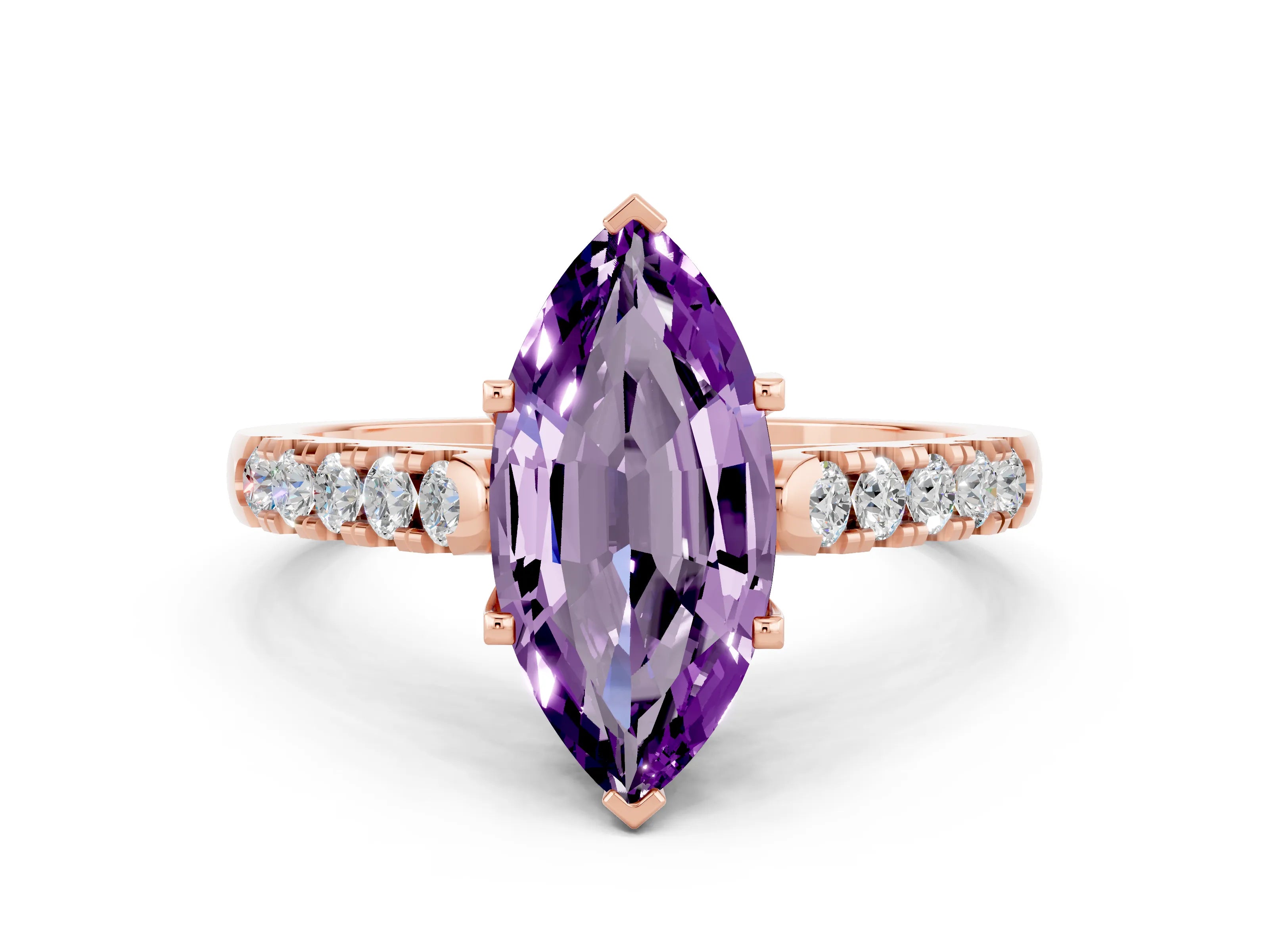 Rose gold {shape_name} Amethyst Solitaire Ring with Pavé Band and Four-Prong Setting