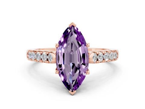 Rose gold {shape_name} Amethyst Solitaire Ring with Pavé Band and Four-Prong Setting