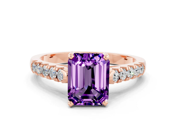 Rose gold Emerald Cut Amethyst Pavé Band Solitaire Ring with Prong Setting