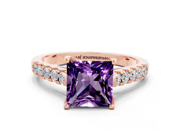Rose gold Princess Cut Amethyst Pavé Band Solitaire Ring with Prong Setting