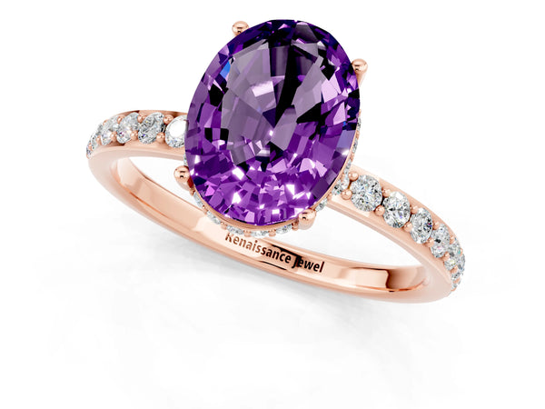 Rose gold Oval Cut Amethyst Solitaire Ring with Pavé Band and Hidden Halo