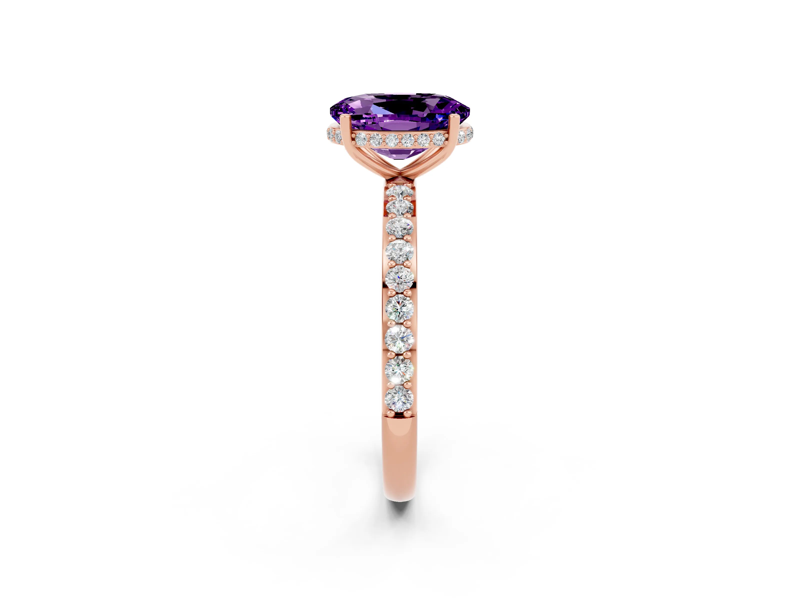 Rose gold {shape_name} Amethyst Solitaire Ring with Pavé Band and Hidden Halo_2